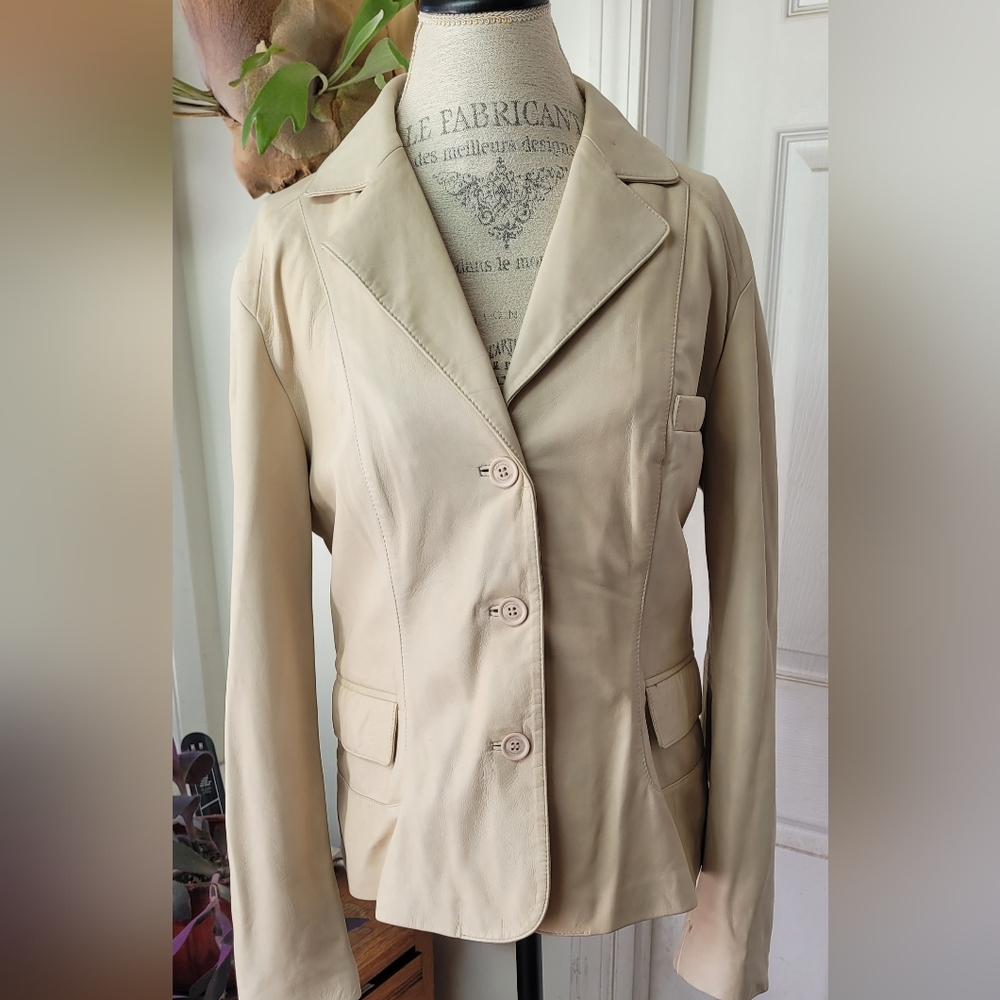 Vintage Tahari Genuine Leather Jacket Cream White Women’s Size Large